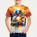 Kid Boy Fashion Cartoon Space Astronaut Summer Short Sleeve T-shirt Tops