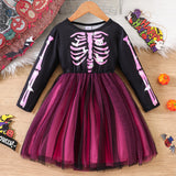 3-8Y Kid Girls Princess Halloween Skull Print Stitching Mesh Dresses