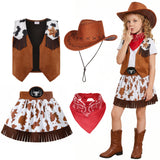 Girls Western Denim Skirt Set, Halloween Party Costumes, Tassel Vest Vest