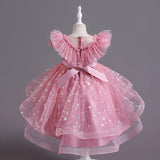 2-10T Kid Girl Shawl Lace Mesh Tutu Piano Host Performance Dresses