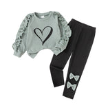 Girls Crew Neck Love Printed Lace Long Sleeve Bow Trousers