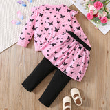 1-8Y Kid Baby Girls Autumn Winter Butterfly Print Flying Sleeves Long Sleeves 2 Pcs Set