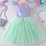 Kid Girl Flying Sleeve Suspender Mesh Sequins Mermaid Princess Dresses