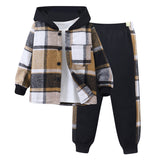 Boys and Children's New Long-sleeved Plaid Contrasting Color Hooded Two-piece Suit