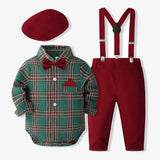 6M-3Y Baby Boy Formal Suit Long Sleeve Plaid Overalls Suit 4 Pcs Set