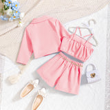 Kid Girls Suit Long-sleeved Flower Suspenders Shorts 3 Pcs Set