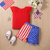Kid Baby Girl Suit Summer Alphabet Flying Sleeve Independence Day Flag 2 Pcs Set