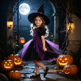 Girls' Halloween New Short-sleeved Spider Web Dress Black Purple Party Dress