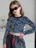 Fashion Versatile High Quality Checked Girls Short Crew Neck Long Sleeves