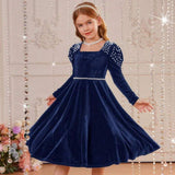 Kid Girl Princess Pearl Waist Velvet Host Performance Long Sleeves Dresses