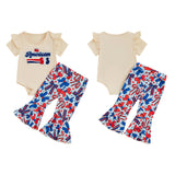 Independence Day Letter Embroidered Flying Sleeves Flared Short Sleeve Set 2 Pcs/Set