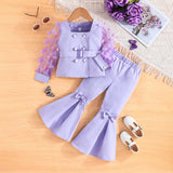 Kid Girls Long-sleeved Bow Mesh Sleeves Blazer 2 Pcs Set