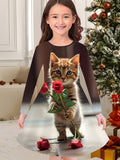 2-10T Kid Girl Crew Neck Long-sleeved Flower Casual Dresses