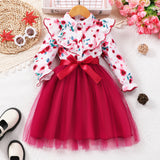 Kid Girls Long Sleeve Lapel Floral Mesh Dress
