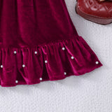 2-8Y Kid Girls Velvet Pearl Medium Long Christmas New Year Dresses
