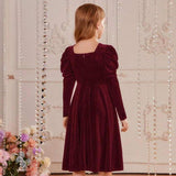 Kid Girl Princess Pearl Waist Velvet Host Performance Long Sleeves Dresses