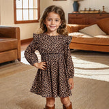 Leopard Print Long Sleeve Drip Neck Small Fly Sleeve Long Sleeve Ruffled Simple Dress