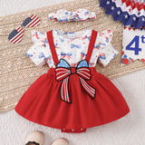 Independence Day Kid Baby Girl Sweet Bow Print Short-sleeved  Dresses