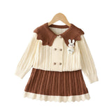 1-6T Kid Baby Girls Knitted Lapel Cardigan Cartoon Suits 2 Pcs Set