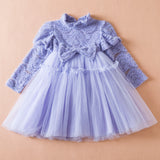 Girls Mesh Dress Bubble Sleeve Princess Dress Children Long Sleeve Bow Dress