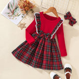 Kid Girl Plaid Long-sleeved Version Christmas Bow A-shaped Dress