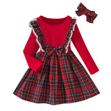 Kid Girl Plaid Long-sleeved Version Christmas Bow A-shaped Dress