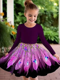 2-10T Kid Girls Sweet Long-sleeved Peacock Feather Print Fashion Dresses