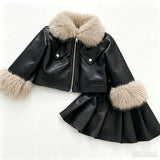 2-10T Kid Girls Leather Fur Collar Jacket Pleated Suits 2 Pcs Set