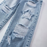 7-12Y Kid Teen Girl Fashion Explosion Ripped Star Decorated Wide Leg Jeans Pants
