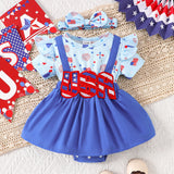Independence Day Kid Baby Girl Sweet Bow Print Short-sleeved  Dresses