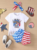 Summer Baby Girl Fringed Short-sleeved Splicing Independence Day 3 Pcs Set Outfits