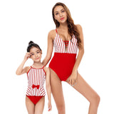 Swimsuit Parent-child One-piece Bikini Red Striped High-waisted Bikini Mother and Daughter Swimsuit