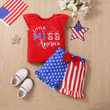 Kid Baby Girl Suit Summer Alphabet Flying Sleeve Independence Day Flag 2 Pcs Set