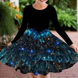 2-10T Kid Girls Sweet Long-sleeved Peacock Feather Print Fashion Dresses