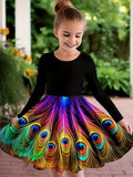 2-10T Kid Girls Sweet Long-sleeved Peacock Feather Print Fashion Dresses