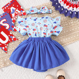 Independence Day Kid Baby Girl Sweet Bow Print Short-sleeved  Dresses