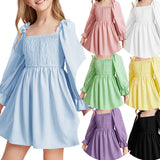 Kid Girl Square Neck Lantern Sleeve Ruffle High Waist Lace Dresses
