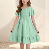 4-14T Kid Girl Sleeveless Square Neck Pleated Backless Short Dress