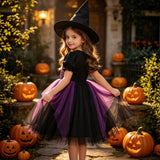 Girls' Halloween New Short-sleeved Spider Web Dress Black Purple Party Dress