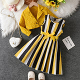 3-10Y Kid Girls Vertical Striped Lapel Jacquard Suit 2 Pcs Set