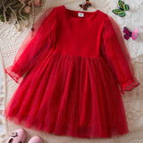 Kid Girls Long-sleeved Korean Version Bubble Sleeve Mesh Christmas Dresses