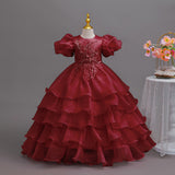 Kid Girl Bubble Sleeve  Fluffy Yarn Multi-layer Cake Birthday Piano Dress