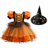 New Girls Princess Dress Halloween Costume Cosplay Witch Dress Bubble Sleeves Pumpkin Mesh Fluffy
