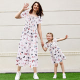 Family Matching  Butterfly Printing Bubble Sleeves Elegant Long Dresses