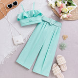 Kid Girl Summer Casual Ruffle Leaf Edge Solid 2 Pcs Set