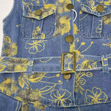 Kid Baby Girls Denim Floral Print Waist-cinched Lapel Vest Dress