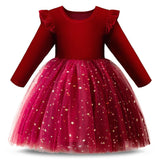 Kid Girls Long Sleeve Flying Sleeve Star Sequin Mesh Princess Dresses