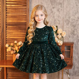 2-6Y Kid Baby Girls Sequined Velvet  Long Sleeve Big Bow Fluffy Princess Dresses