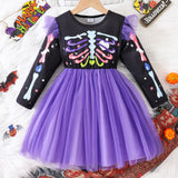 3-8Y Kid Girls Princess Halloween Skull Print Stitching Mesh Dresses