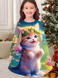 3-10T Kid Girl Flower Long Sleeve Crew Neck Spring Autumn Dresses